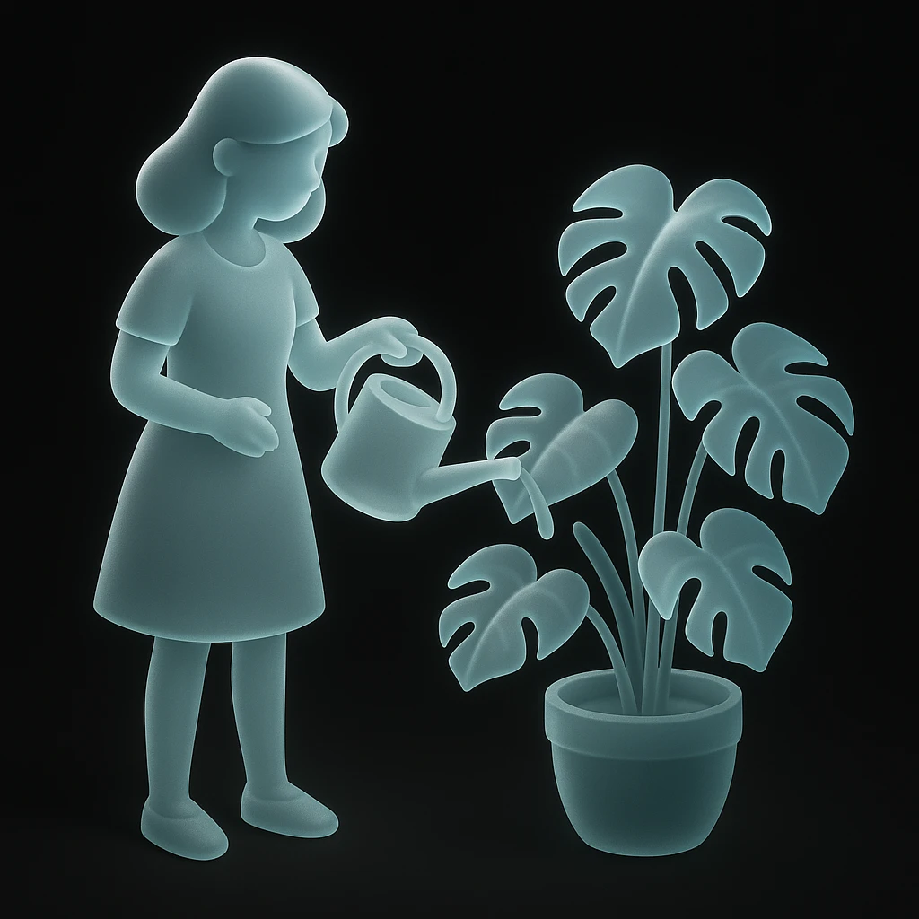 woman watering her monstera plant emoji