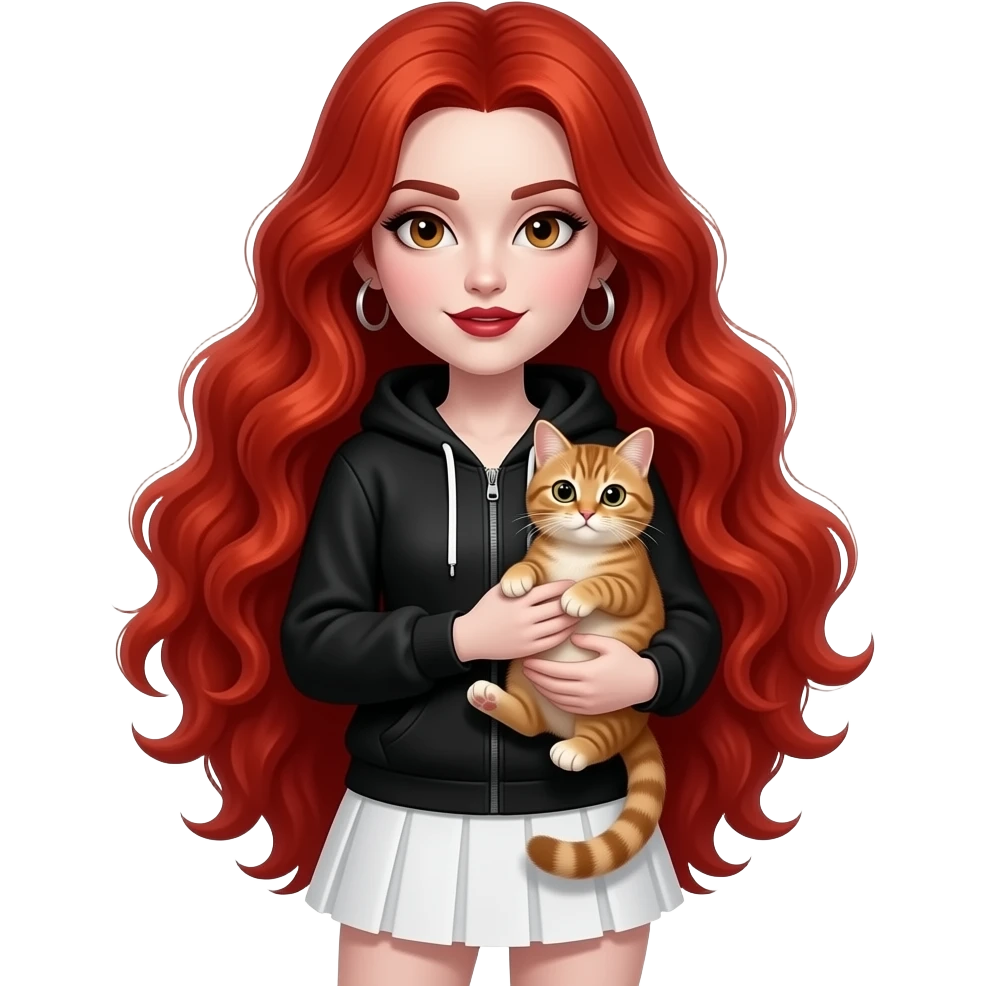 Vampiro femmina con capelli lunghi rosso fuoco ondulati con pelle bianca con gonna corta e felpa nera con anfibi che tiene in braccio un gattino europeo marrone emoji