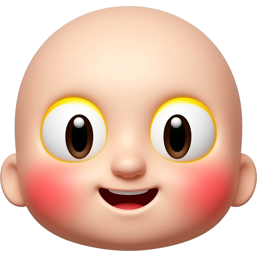 새빨간 얼굴의 홍조를 하고 있는. 노란 눈알  갈색 동공.   귀여운 만화 입체적 이모티콘 emoji
