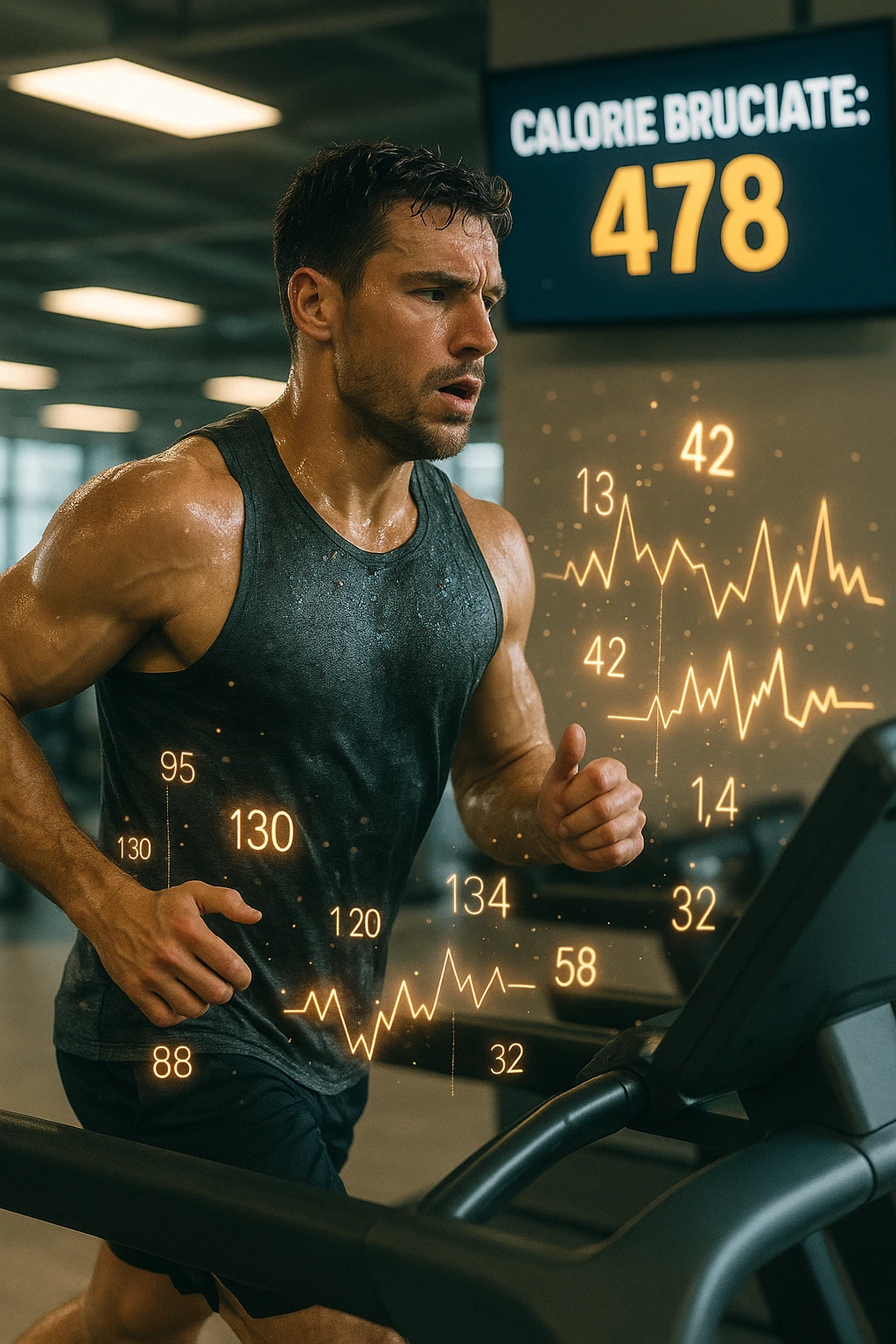 Uomo atletico su tapis roulant in palestra, visibilmente sudato, in piena corsa. Sullo sfondo uno schermo digitale che mostra 'Calorie bruciate: 478'. Intorno al corpo dell’uomo si vedono numeri fluttuanti e grafici energetici, come se si stessero misurando in tempo reale le calorie consumate. Atmosfera dinamica, luce intensa da palestra, sensazione di movimento e impegno. IN ITALIANO emoji