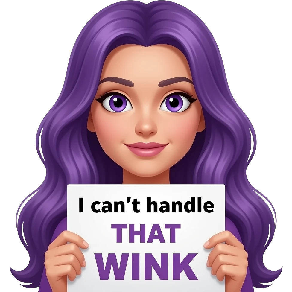 sexy girl with long purple hair and purple eyes holding a I can't handle THAT WINK sign emoji