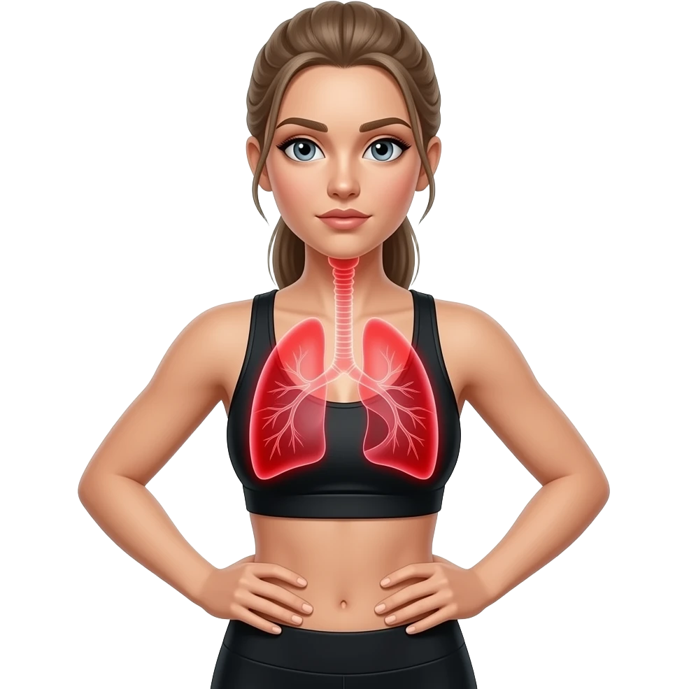 breathing, red glow on left and right lung area, woman with hands on ribs, fair-skinned woman, gray-blue eyes, ash brown brows, ash light brown hair tied back, slim athletic body, black workout set emoji