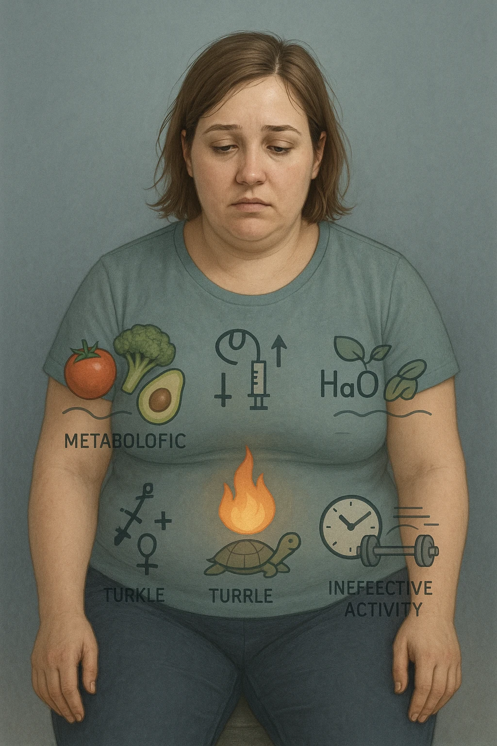 Donna tra i 25 e i 35 anni con fisico leggermente gonfio e postura affaticata, seduta con sguardo stanco. In trasparenza sul suo corpo, si vedono elementi simbolici: una fiamma metabolica molto piccola nel centro dell’addome, una tartaruga accanto a un simbolo di orologio rallentato, indicatori visivi di insulino-resistenza e squilibri ormonali. Intorno a lei: cibo sano non digerito bene, attività fisica poco efficace. Colori spenti attorno al corpo, con toni freddi e lentezza visiva. Stile realistico con elementi infografici e simbolici integrati emoji