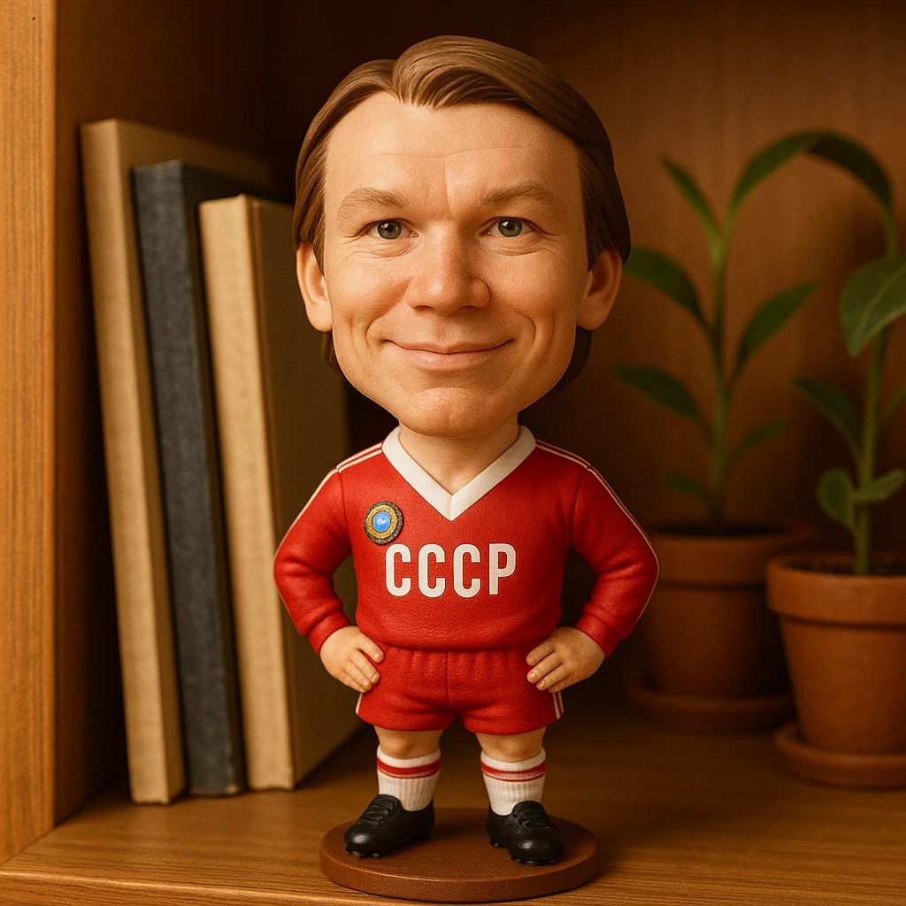 Олег Блохин в форме сборной СССР 1975 года смотрит на прямо на зрителя и слегка улыбается, освещение с левой верхней стороны кадра emoji
