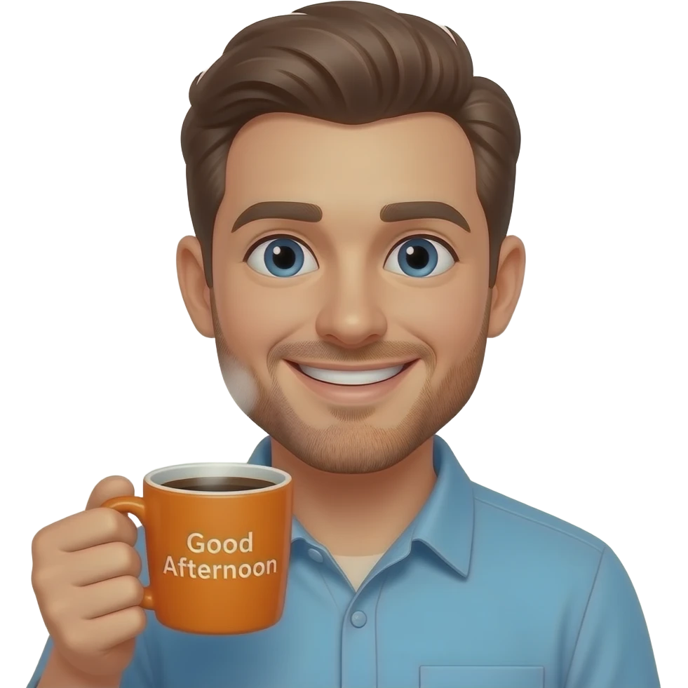 a stubbled face man smiling lifting a steaming cup of coffee close to the camera with the words 'Good Afternoon' in orange printed across emoji