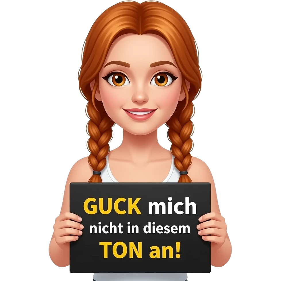 sexy girl with long ginger braids and ginger eyes wearing a white tanktop is holding a black sign with GUCK mich nicht in diesem TON an! written on it emoji