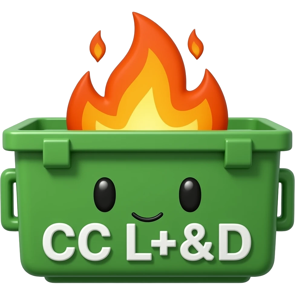 a green dumpster fire with a cute face on the front and the words CC L&D emoji