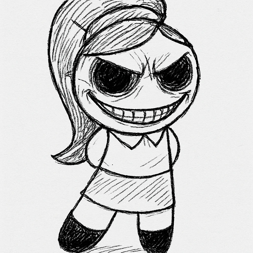 Keep the picture quality and style exactly the same. Make the face even scarier—give the eyes a much more intense, menacing stare with darker shadowing, and exaggerate the sinister or creepy grin for a truly unsettling effect. No other changes. emoji