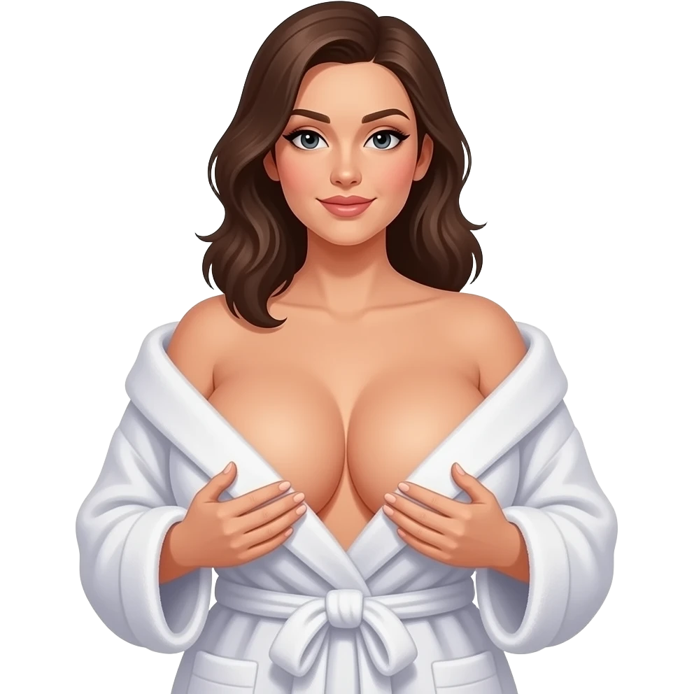 A woman that is in a spa clothing uncovering her enormously large boobs emoji