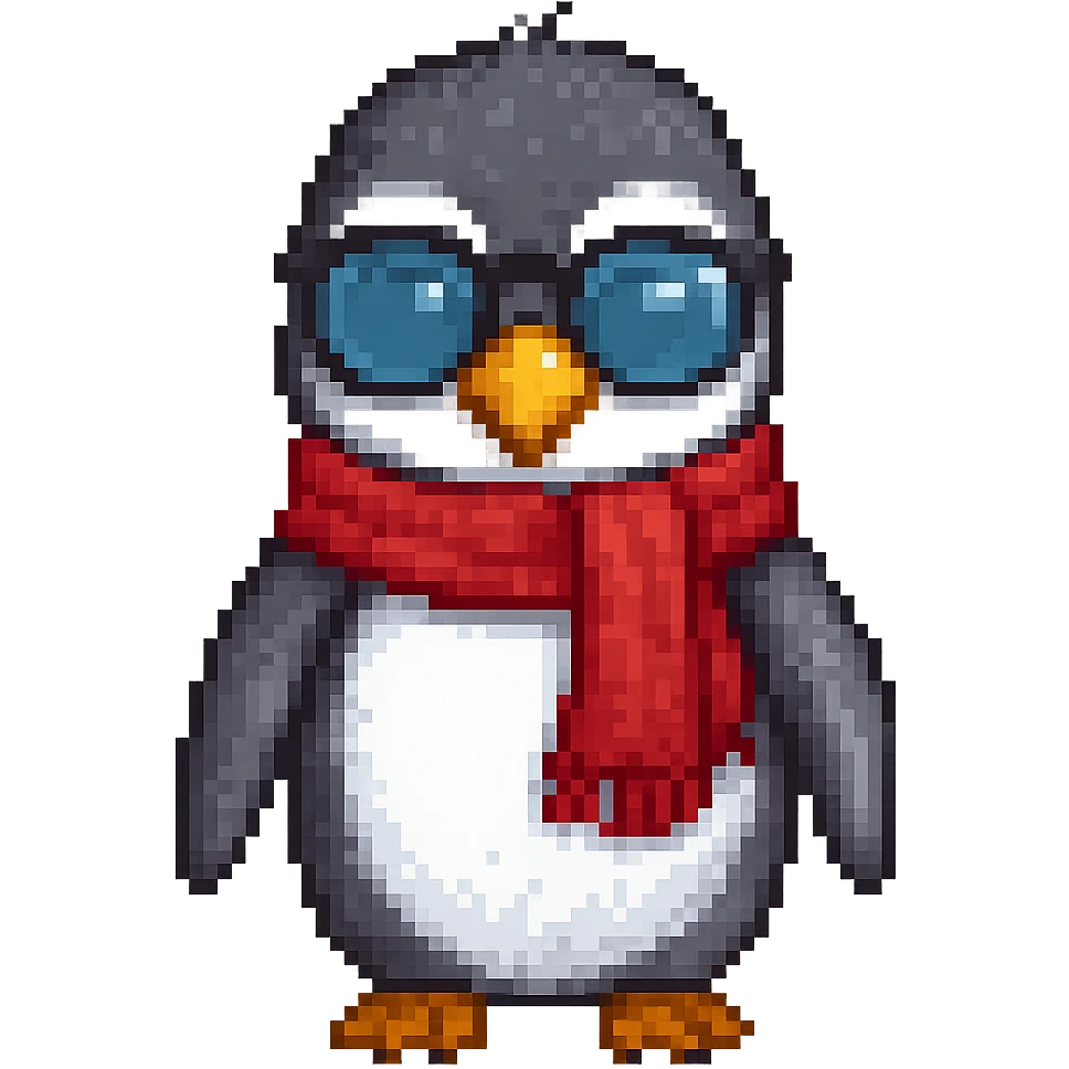 Add a red scarf to the penguin in pixel art style, with no background. Maintain the pixel art aesthetic and details. emoji