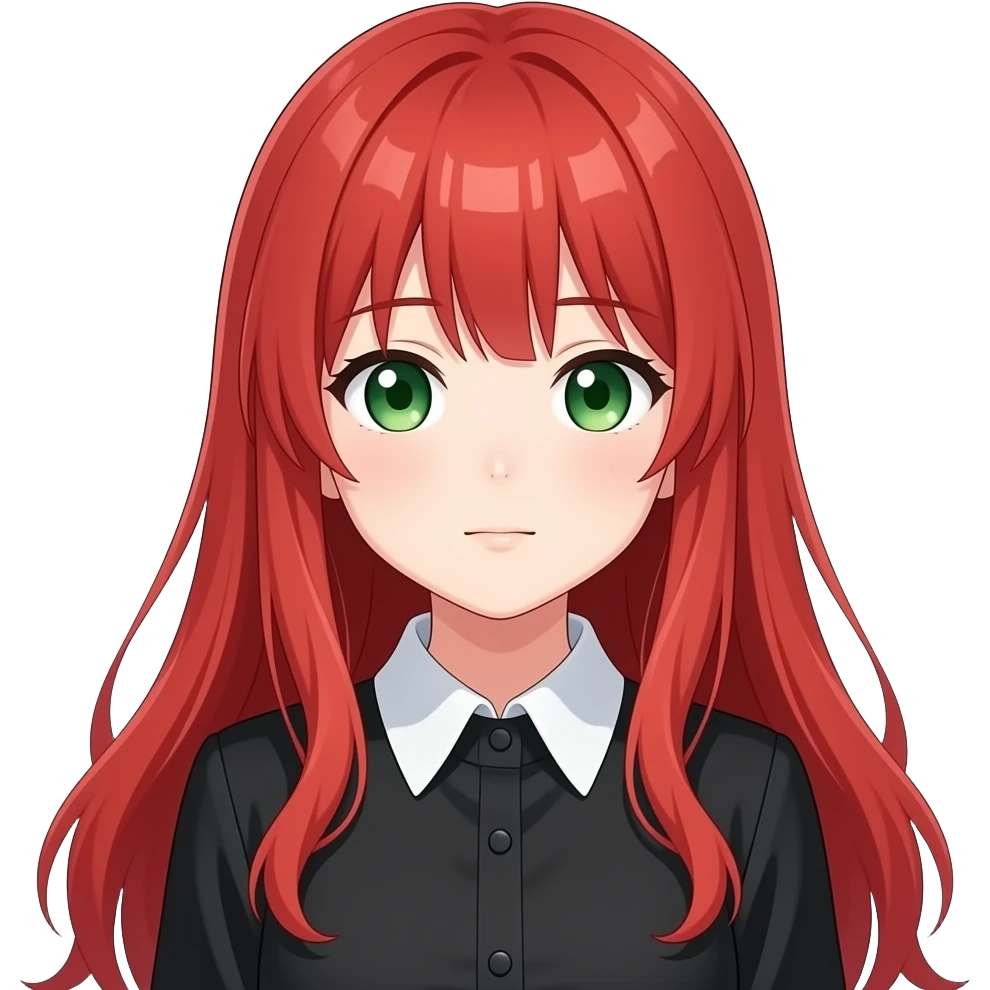 anime girl relieved long red hair green eyes black blouse with white collar emoji