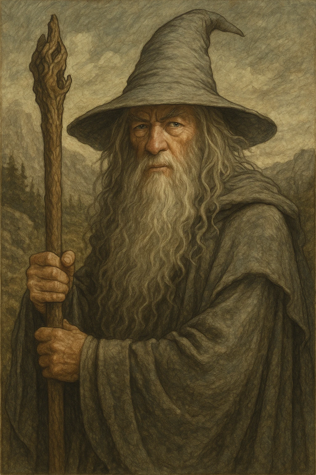 Gandalf the Grey, a wise old wizard with a long beard, pointy hat, and staff, fantasy illustration style emoji