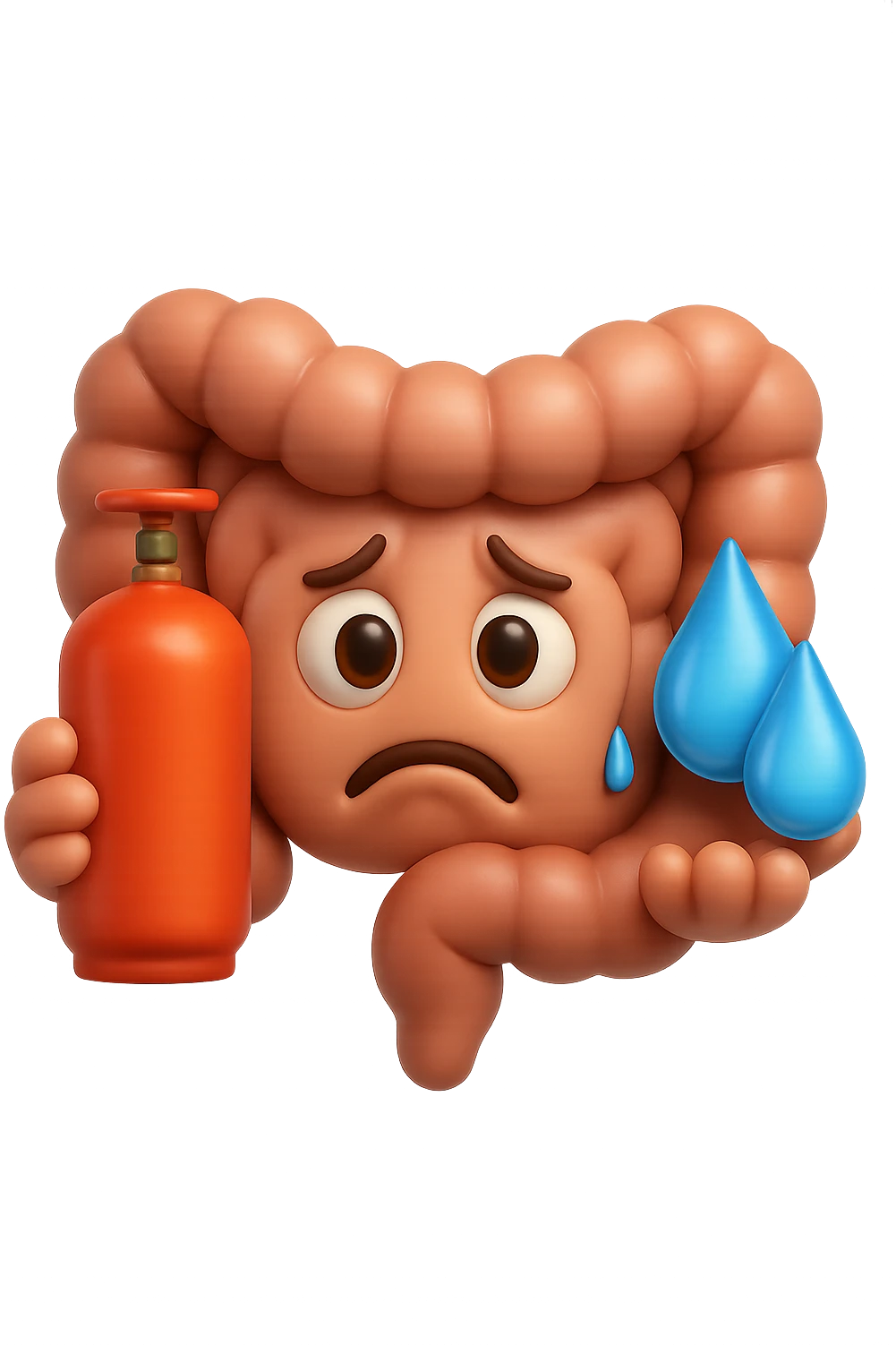 EMOJI STILE IPHONE DI un'intestino preoccupato che ha una bombola di gas in mano e due gocce di acqua in 3d nell'altra mano, IPERREALISTICO 4K emoji