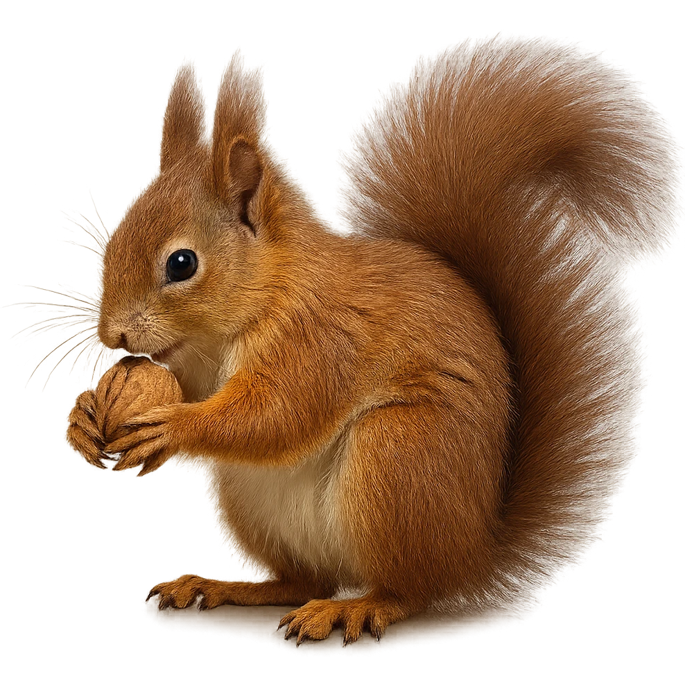 realistic red squirrel with clear fur texture cracking a nut, no background emoji