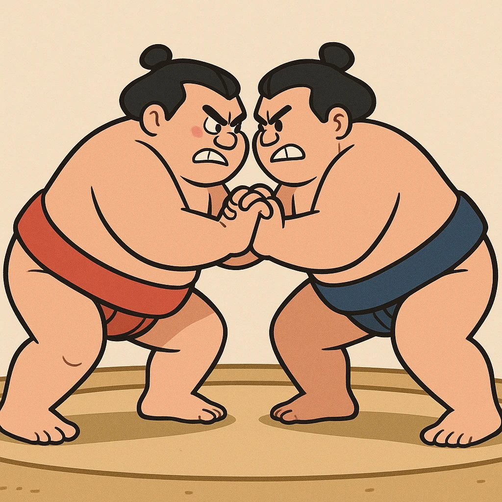 two sumo wrestlers clashing, powerful stance, bold outlines, playful style, cartoon style emoji