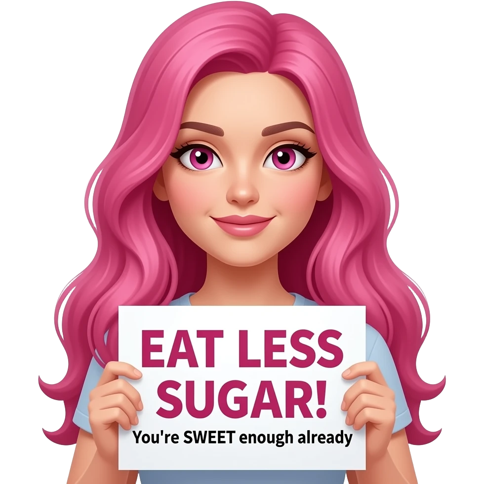sexy girl with long pink hair and pink eyes wearing a holding a EAT LESS SUGAR! You're SWEET enough already sign emoji