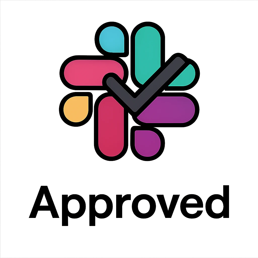 Slack emoji with the word 'Approved' in a clear, readable style, simple color palette, no clutter, designed for easy recognition at small size emoji
