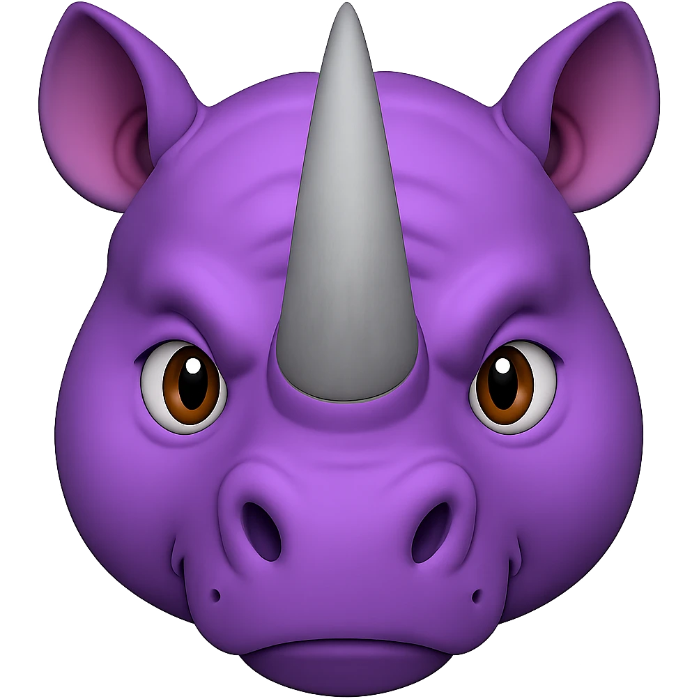Add two big, normal grey rhino horns to the face, keeping the purple rhino emoji style, no background. The style should resemble the purple rhino emoji style with no background. emoji