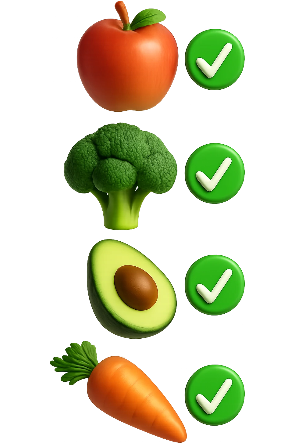emoji stile iphone in 3d di cibo sano che fluttua in aria vericalmente insieme a spunte verdi di verificato, iperrealistico 4k emoji