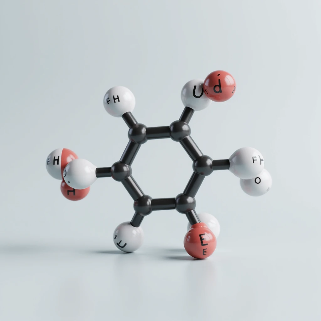 3D detailed hyperrealistic scientific illustration of Triiodothyronine (T3) molecule with labeled main atoms iodine, carbon, oxygen on neutral background, 4K resolution emoji