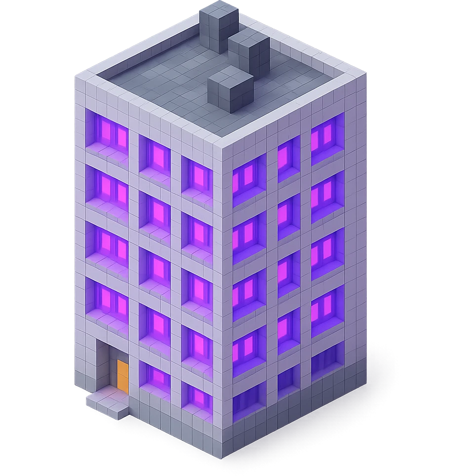 Russian panel apartment building, modernized square block, light gray, ultraviolet glowing windows, isometric view emoji