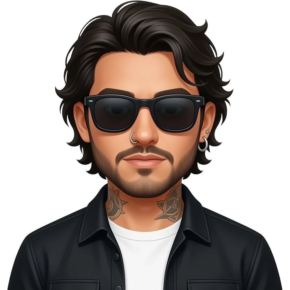 A handsome Latino man with medium length hair and beard and tattoos with a right nose hoop and a left earring hoop wearing all black with a white undershirt and black sunglasses emoji