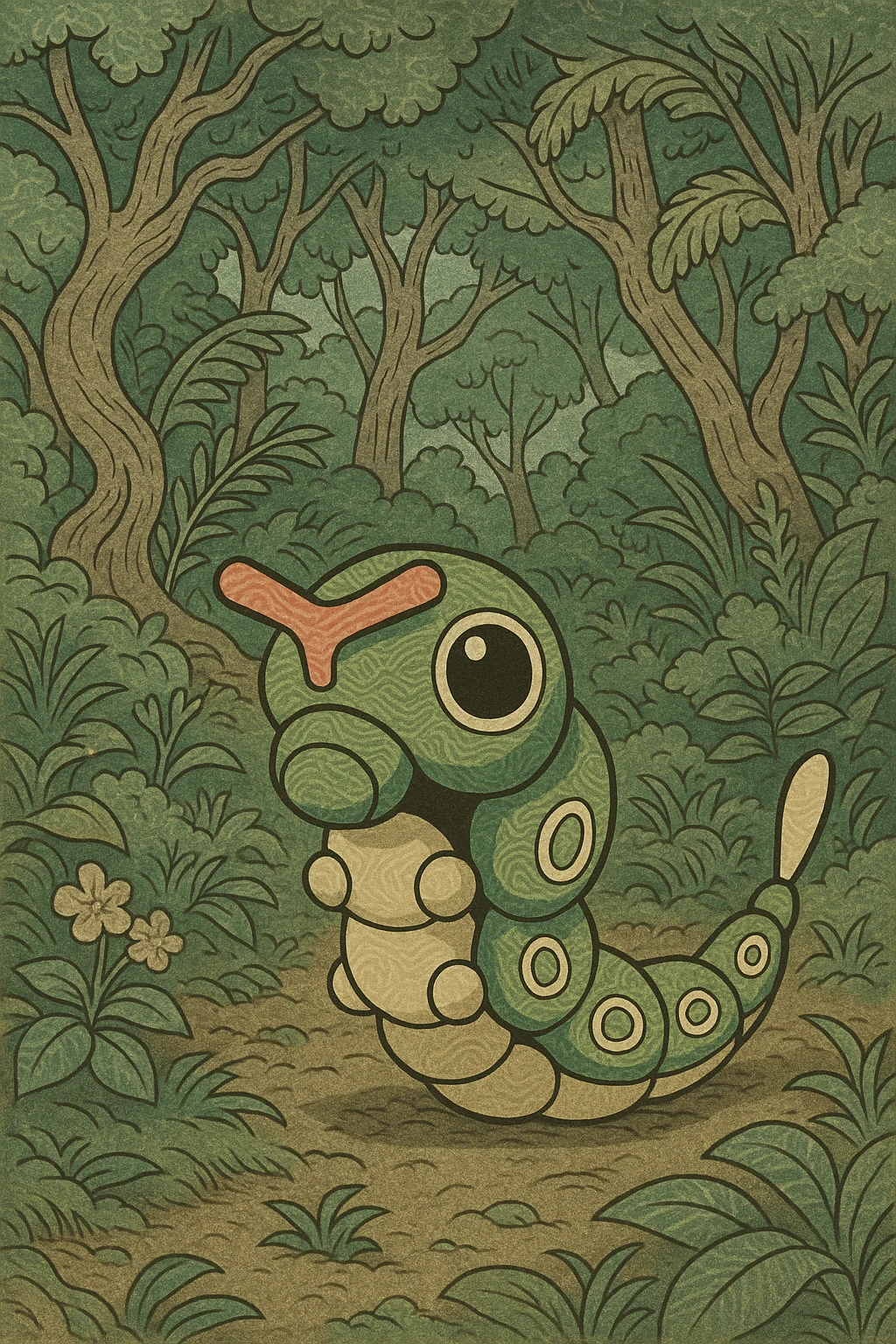 Caterpie in a lush forest, classic anime style emoji