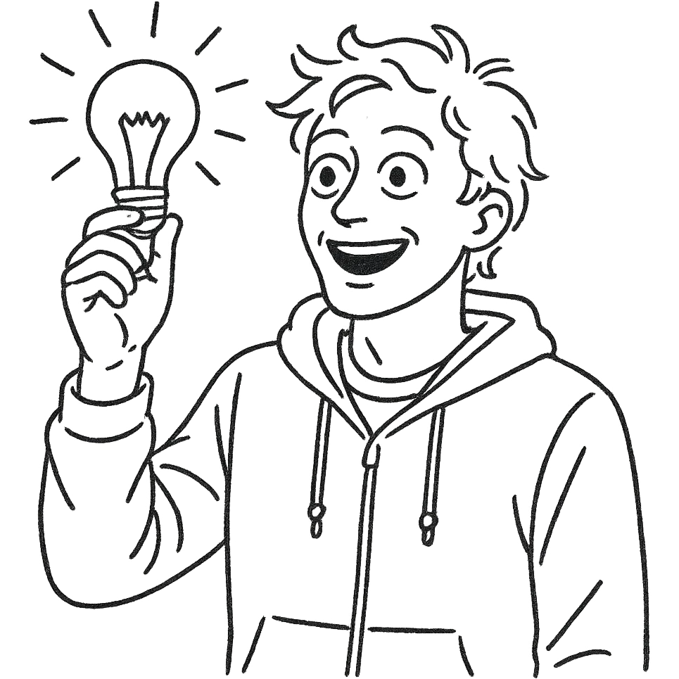 bright and expressive male visionary, fair skin, tousled golden hair, wide joyful eyes, wearing a green hoodie over a yellow tee, one hand raised with a glowing lightbulb, waist-up, front-facing emoji