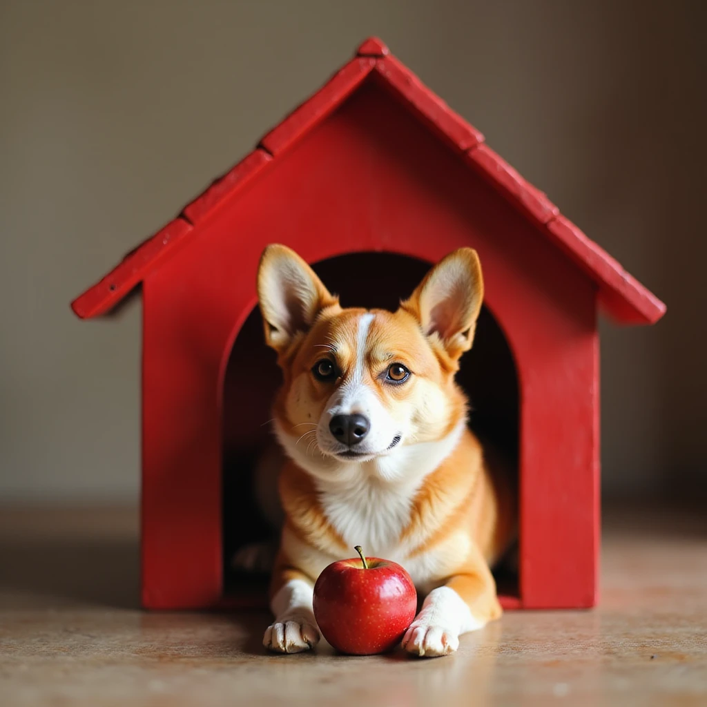 realistic red dog house with a Corgi dog inside, Corgi with a apple, photorealistic style emoji