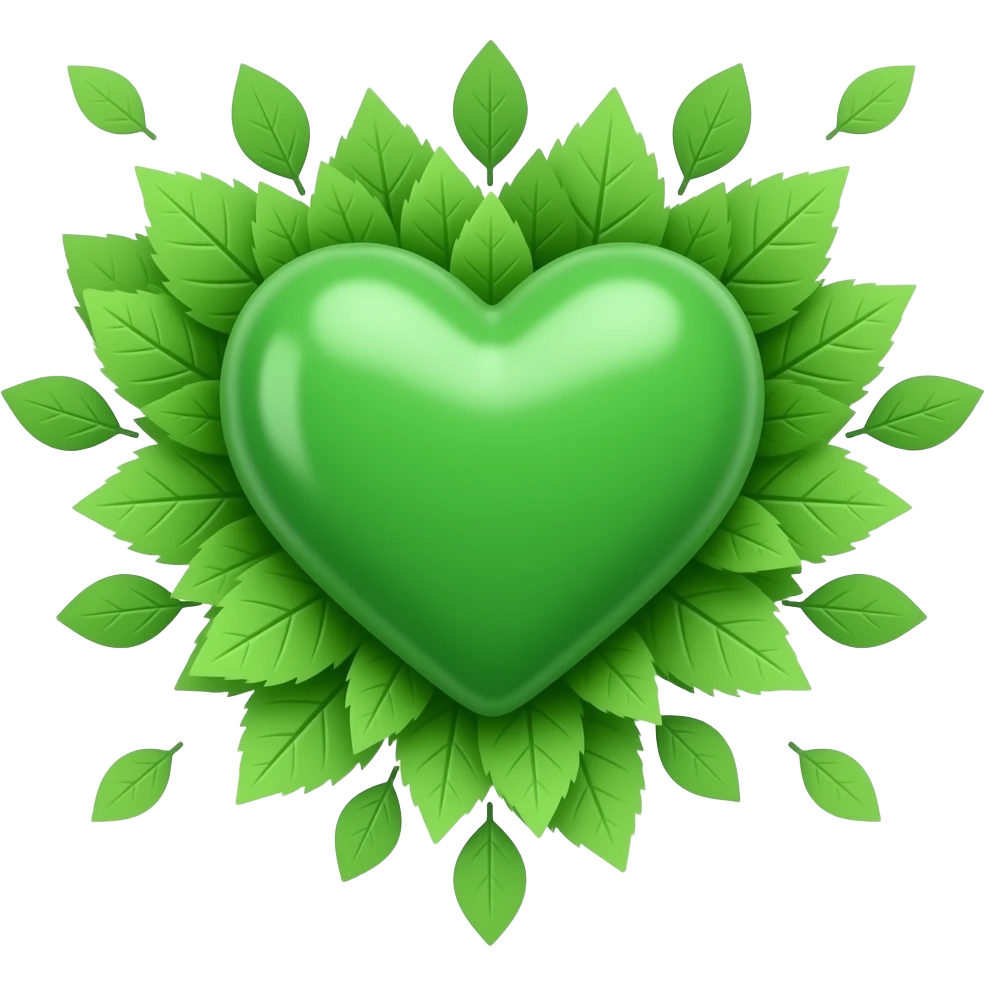 3D green heart surrounded with leaves (The Green Party style leaves), Hex Code colour: 00643b. Add a paler green reflection to the corner of the heart. Make it show success, hope, love, and unity. make sure the background is transparent emoji