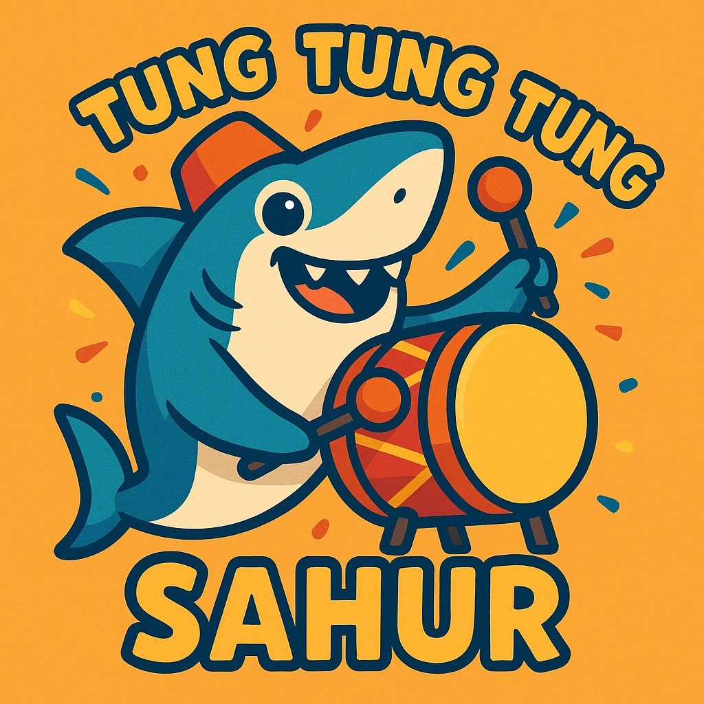 cute shark holding a drum, with 'tung tung tung sahur' text, cheerful and festive, cartoon style emoji