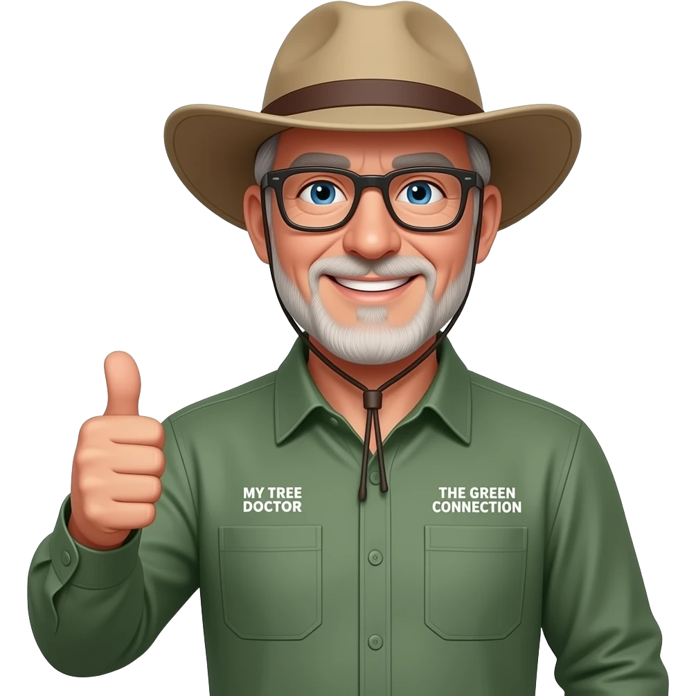 wide-smiling middle-aged man blue eyes, clean-shaven. Dark rectangle glasses, green-collared, long-sleeve shirt, thumbs up.  Wide-brim Australian Akubru hat.  Insert 'THE GREEN CONNECTION' in white directly onto the right side pocket & 'MY TREE DOCTOR' onto the left side pocket emoji