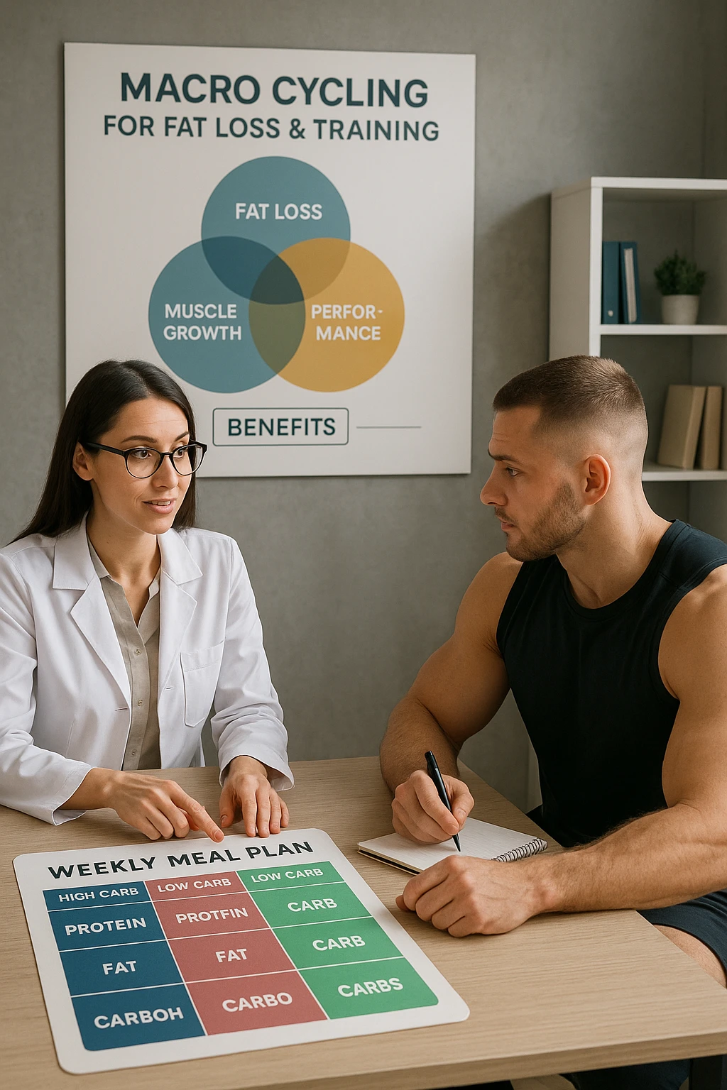 a nutritionist explains to an athlete how to cycle macronutrients for fat loss and training. On the desk, a weekly meal planner shows alternating high-carb and low-carb days, with color-coded sections for proteine, grassi, and carbo. The athlete takes notes, and a chart in the background illustrates the benefits of nutrient cycling. The mood is professional and educational. scritto in italiano emoji