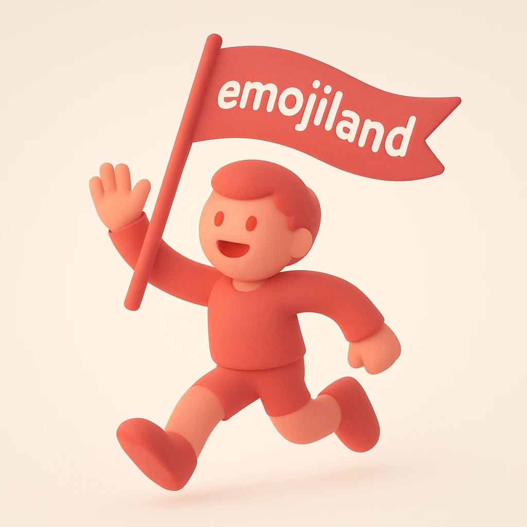 happy runner waving a flag that says 'emojiland' emoji