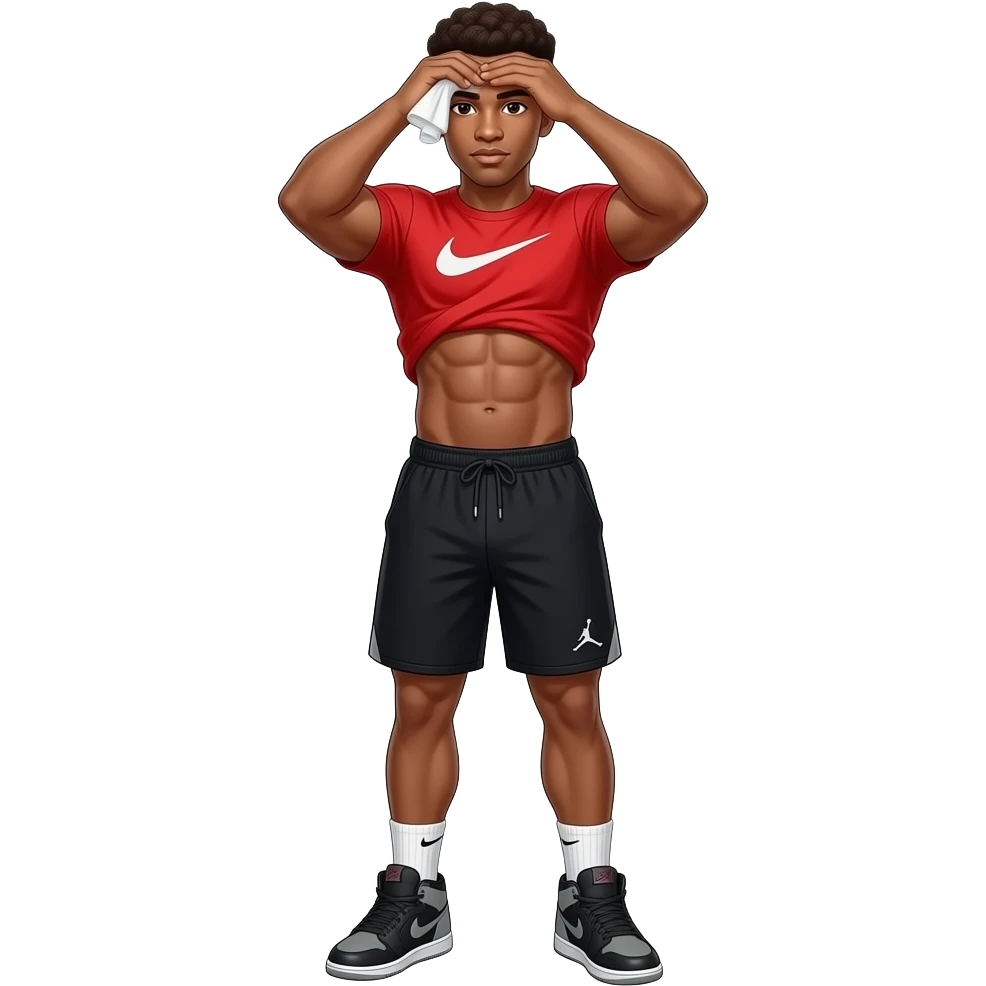 make me a 22 year old brown skin colored man with a thick brown low taper fade with a red nike shirt with black nike shorts and jordan 4 shoes with nike socks wiping his sweat on his forehead with his red shirt with 2 hands and you can see abs and he has good muscles emoji