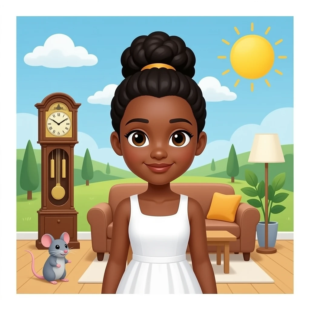 Hickory Dickory dock At The Living Room one Grandfathers Clock and a sand mouse and Dark Skin One Afro Bun girl and white dress emoji