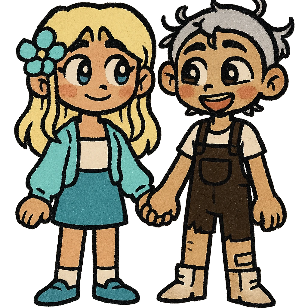Create a couple image of these two cartoon characters standing side by side, both holding hands and smiling sweetly, matching their style, transparent background. emoji