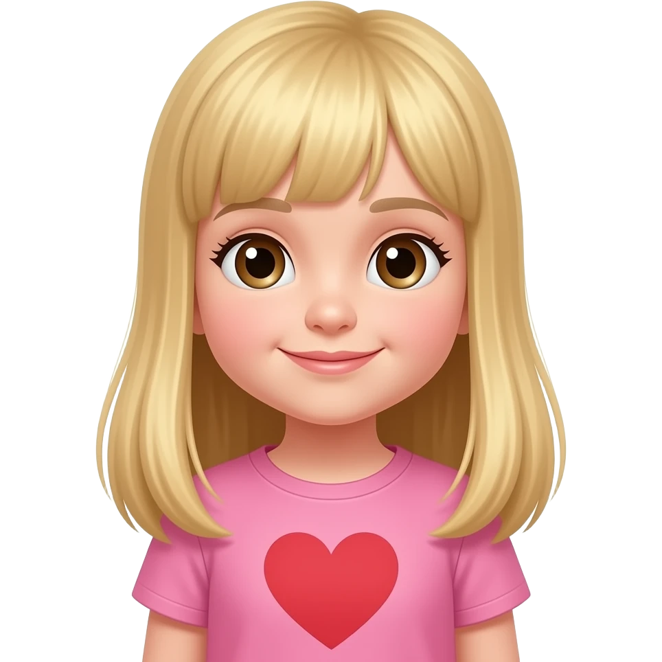 Stunning little 3 year old girl long blonde straight hair no bangs brown eyes pink tshirt red heart no hair bangs emoji