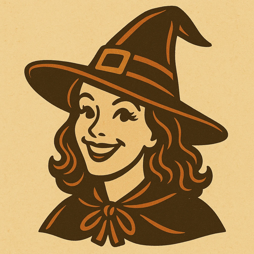 Create images of happy retro witch. Use this image for inspiration. emoji