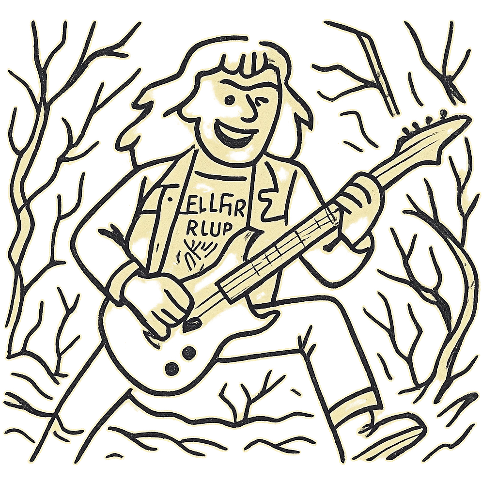 Eddie Munson from Stranger Things in the Upside Down, vibrant toon style with hand-drawn sketchy lines, wide aspect ratio (16:9), dramatic supernatural background, expressive and irregular contours. emoji