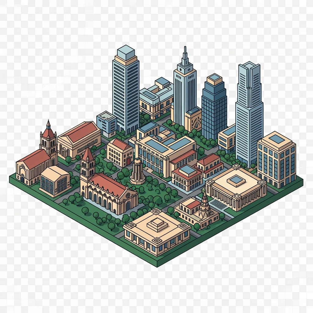 Isometric minimalistic illustration of Manila, subtle 3D miniature effect and Tilt Shift effect, no cartoonish look, transparent background. emoji