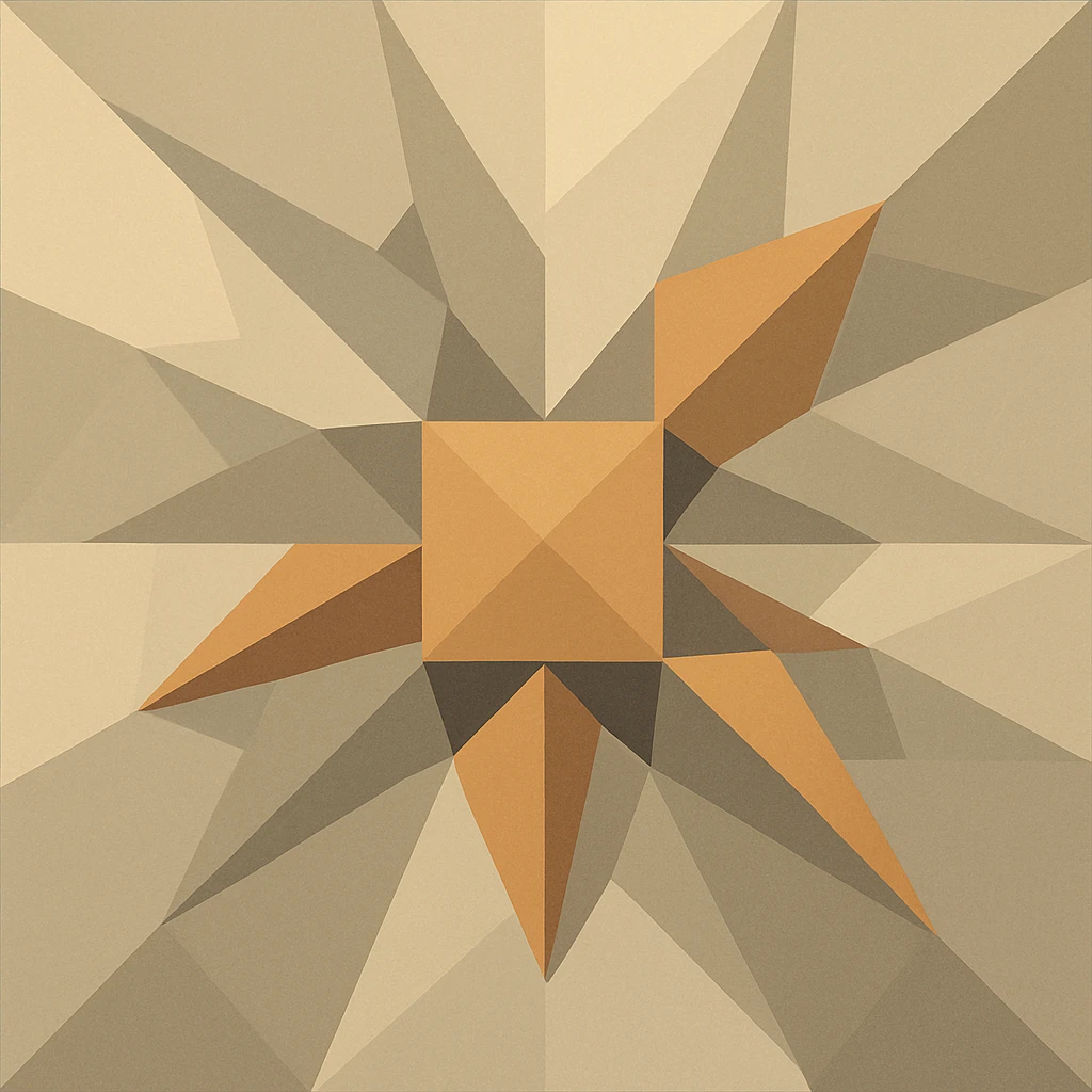 symbole représentant la centralisation, style abstrait, formes géométriques centrées, carré central avec rayons polygonaux, style polygonal emoji