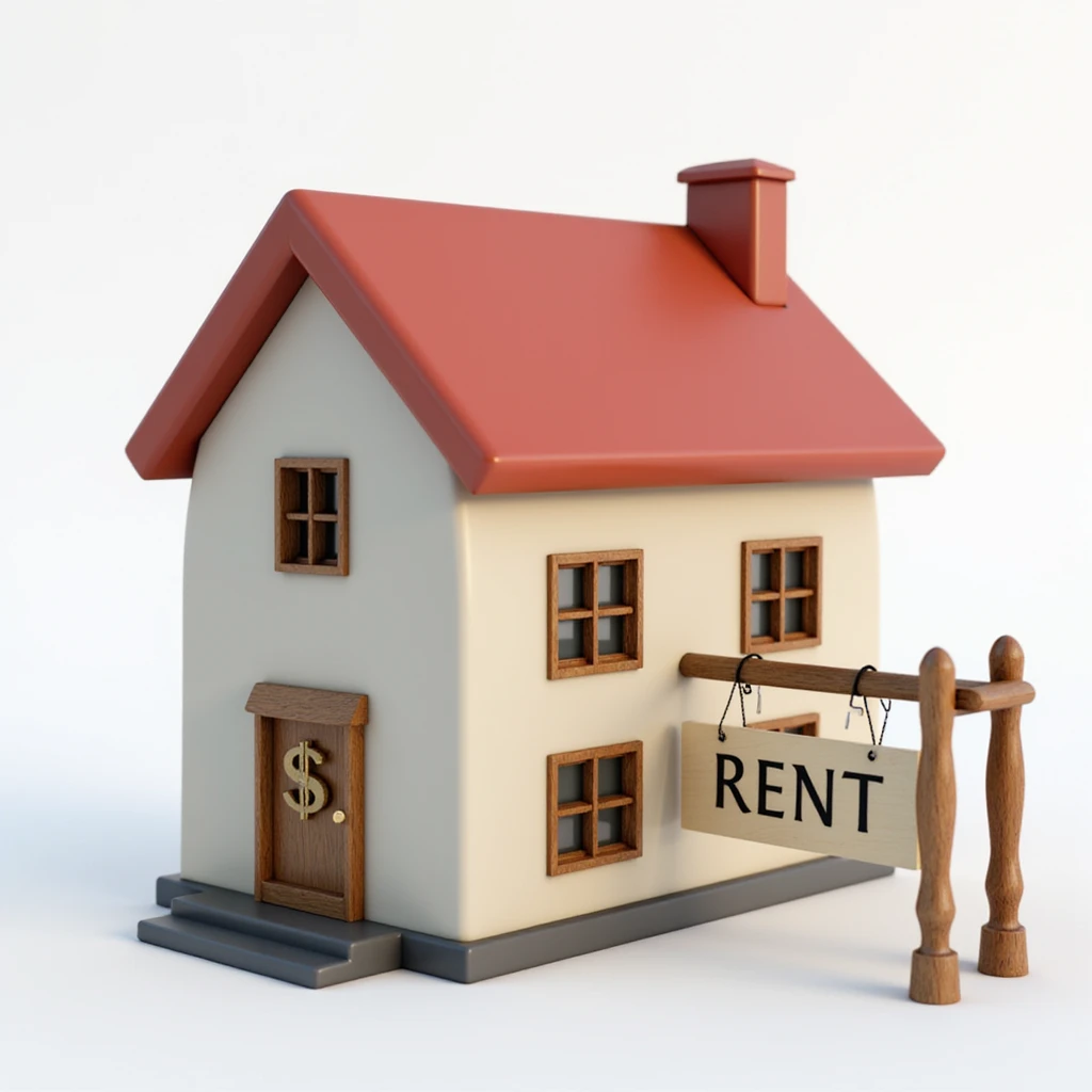 realistic apartment rent icon, apartment exterior with a dollar sign and rental sign, lifelike details emoji