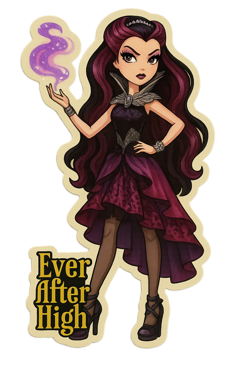 Ever After High sticker of Raven Queen, full body, stylish dress, swirling magic, bold attitude emoji