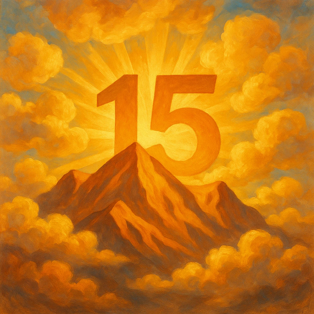 Add fluffy clouds to the scene, keeping the sunshine rising from mountains with the number 15 visible and integrated, in a painterly style. The style should resemble painterly brush strokes with rich texture and color blending. emoji
