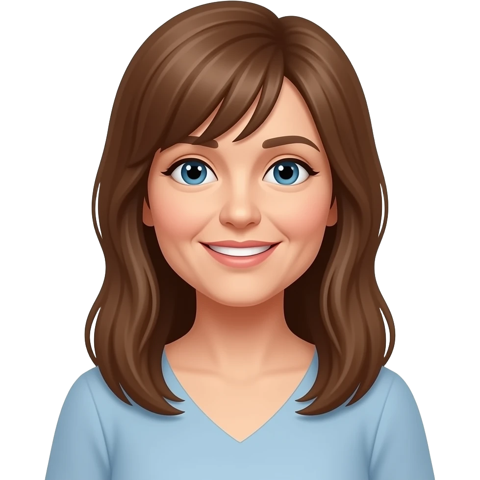 frau um die 50 mit langen offenen braunen haaren, mit pony  schmalem gesicht, grüßend emoji