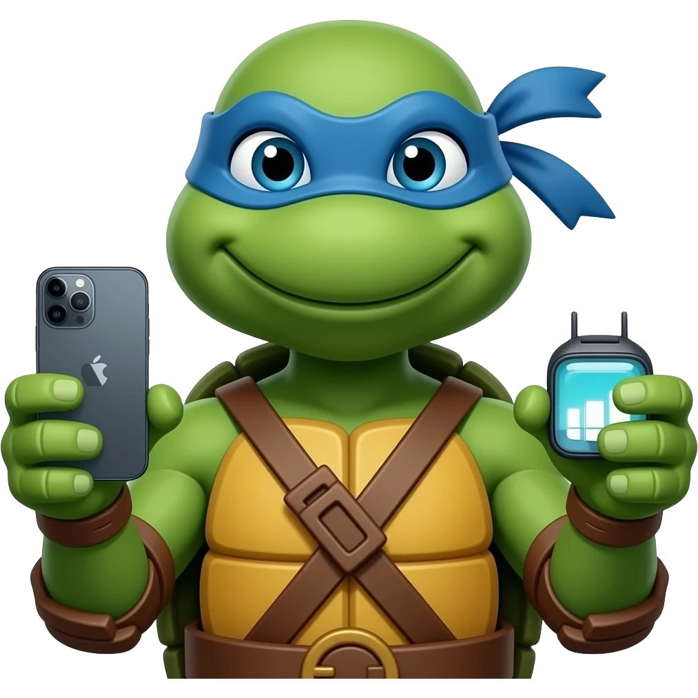 Michelangelo (Teenage Mutant Ninja Turtles) holding a iPhone device on one hand and visionPro on another hand emoji