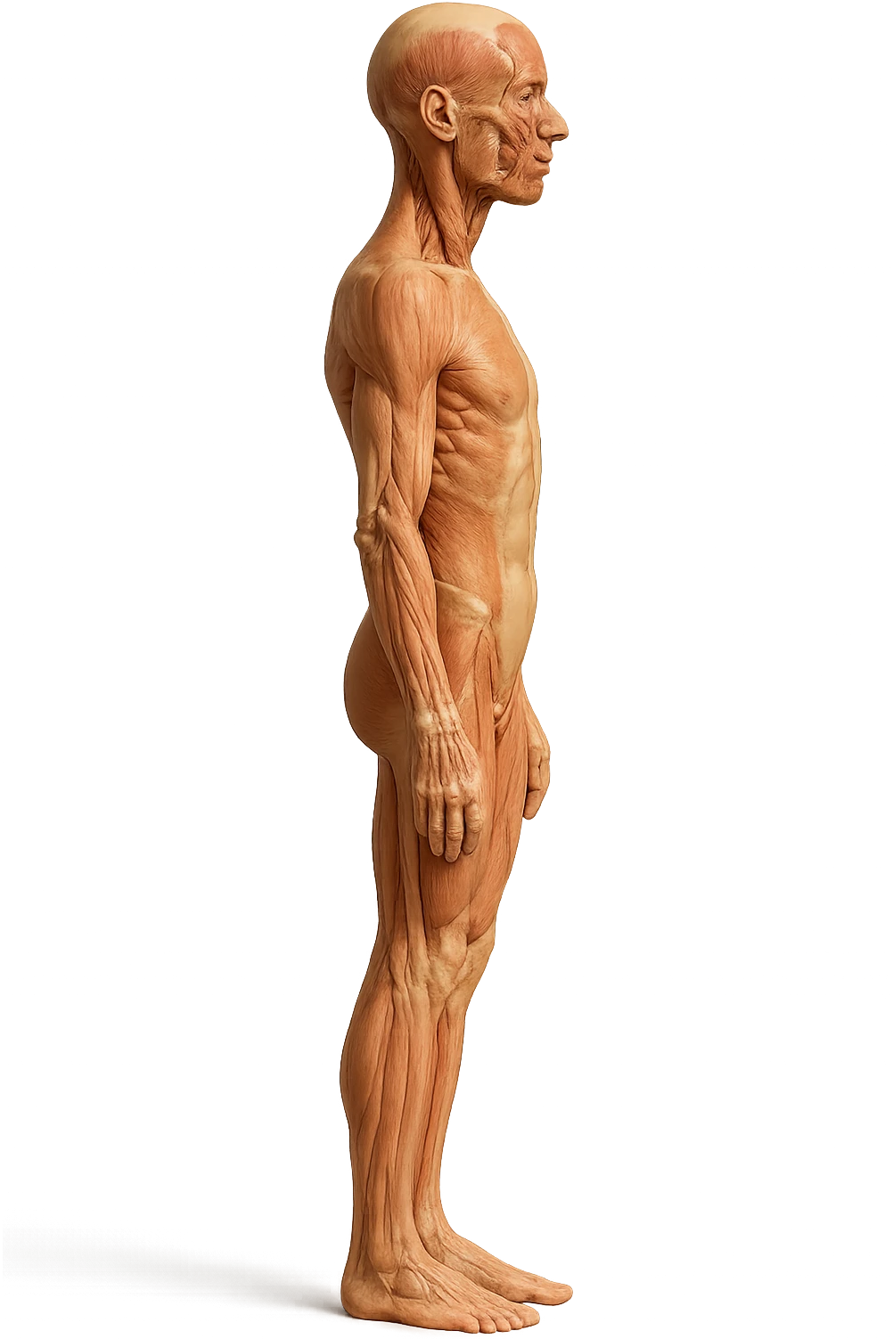 CORPO UMANO ANATOMICO REALISTICO DI PROFILO CON CURVA LOMBARE PIATTA, iperrealistico 4k emoji