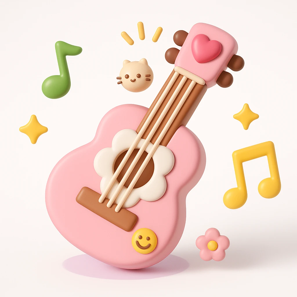 3D iOS style emoji of a pink guitar with musical notes and a cat, mimicking the colors and composition of the reference image. emoji