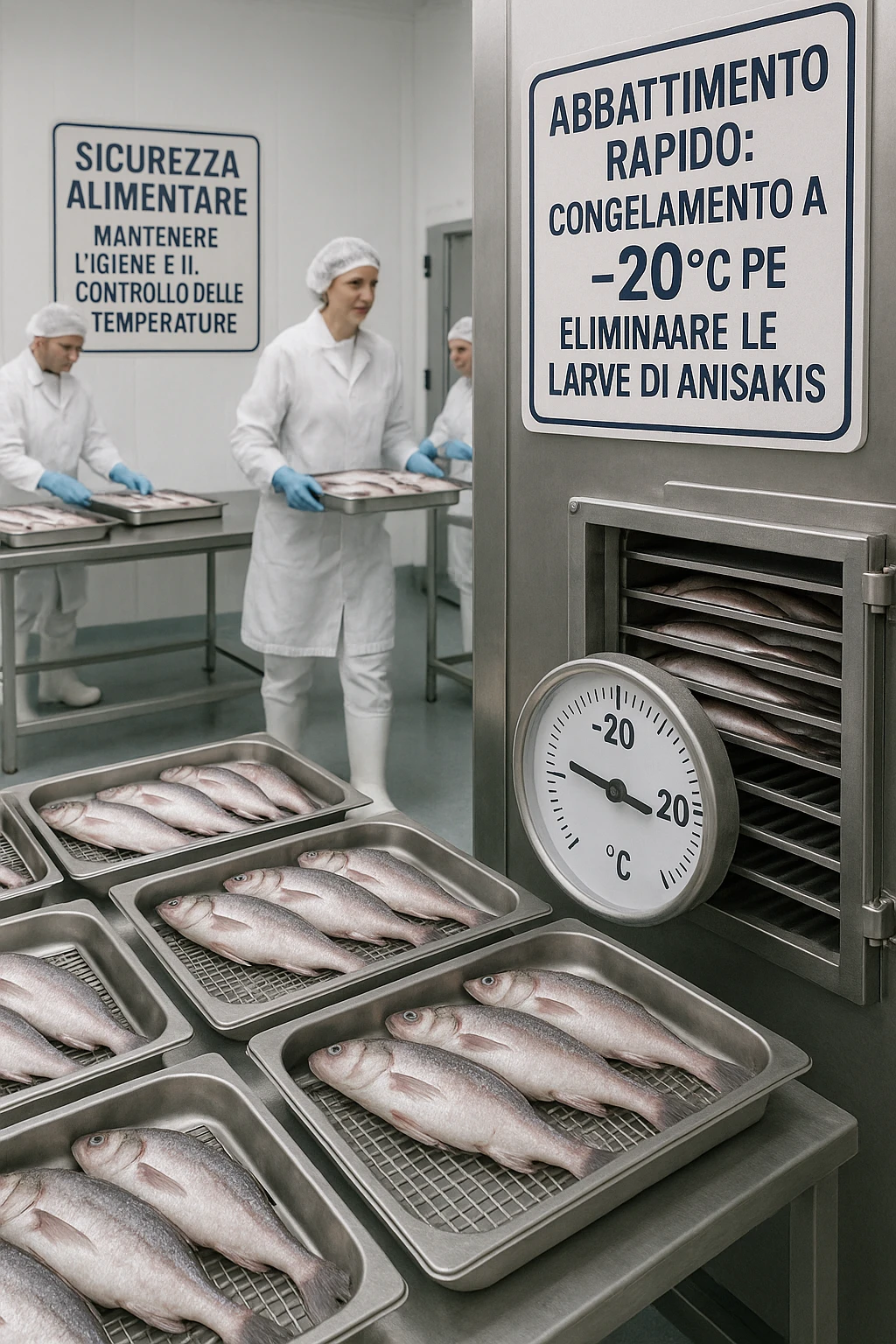 a fish processing facility where freshly caught fish are placed on trays and moved into a large industrial freezer. A temperature gauge shows -20°C, and an educational label explains that rapid freezing (abbattimento) is used to kill Anisakis larvae. The background includes workers in protective clothing and clear signage about food safety. in italiano emoji